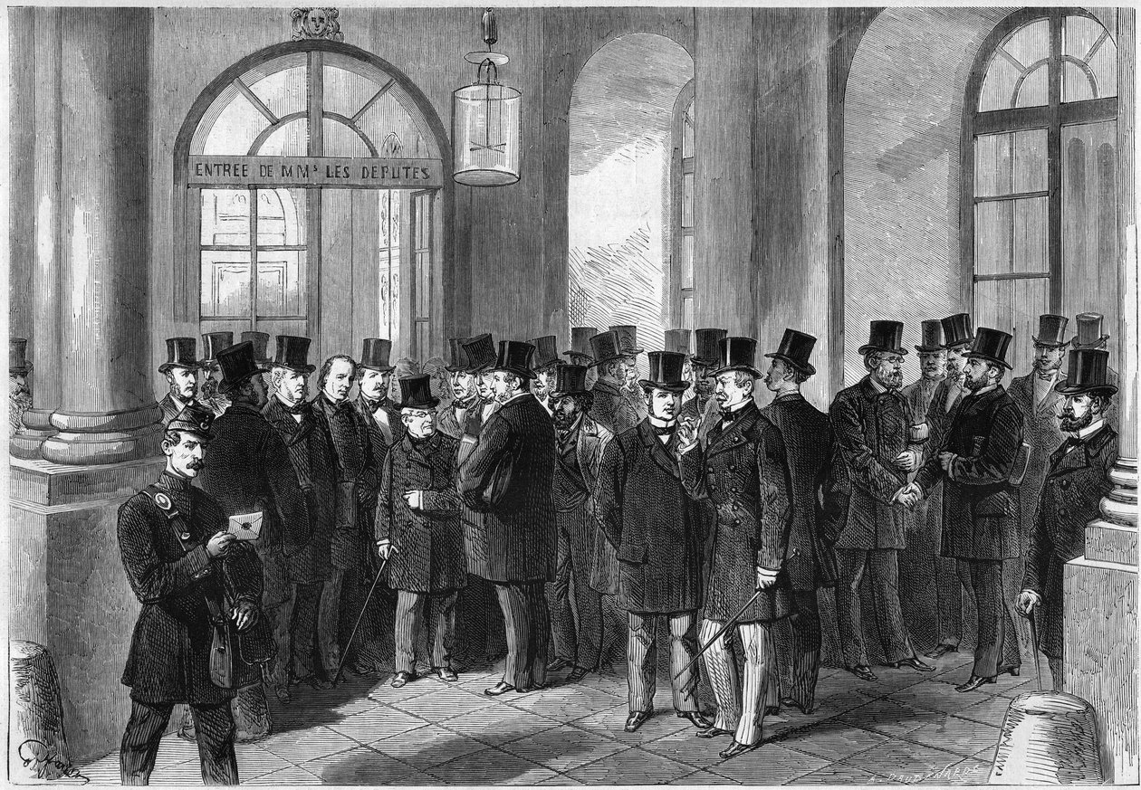 Verlängerung der Amtszeit des Marschalls von Mac-Mahon, Einführung des Siebenjahresplans in Frankreich, November 1873: Ansicht der Eingangstür der Assemblée de Versailles am Tag der Diskussion über die Verlängerung. Von links nach rechts von French School