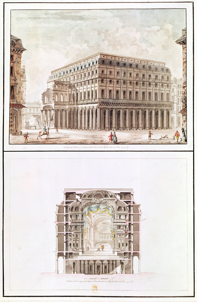 Außen- und Querschnitt des Innenraums des Théâtre des Variétés, 6 rue de Richelieu von French School