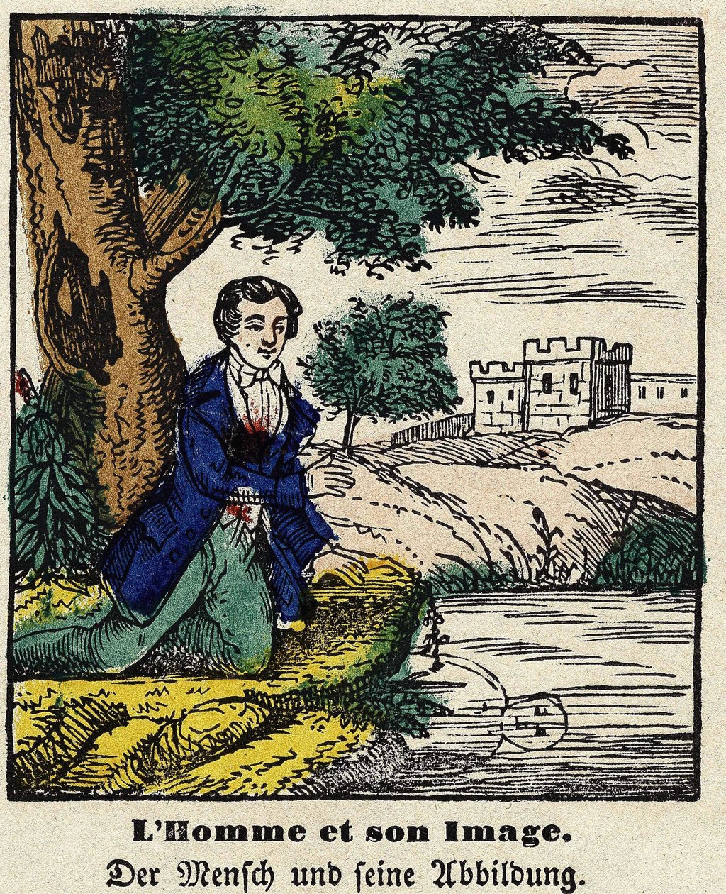 Fabeln von La Fontaine: Der Mann und sein Bild. Bild von Epinal, erste Hälfte des 19. Jahrhunderts. von French School