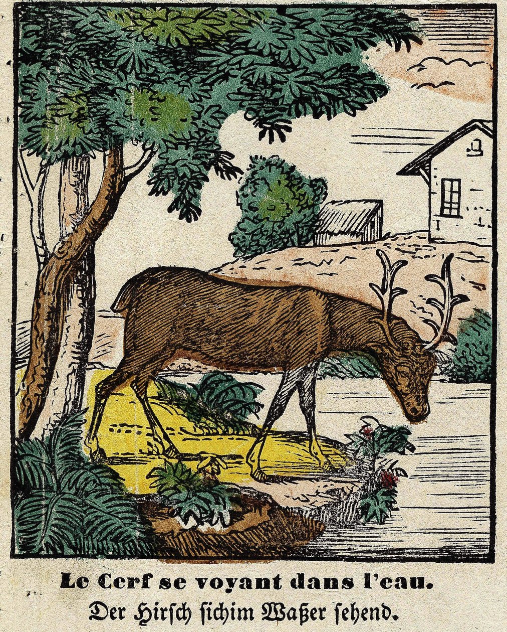 Fabeln von La Fontaine: Der Hirsch, der sich im Wasser sieht (Bild von Epinal, erste Hälfte des 19. Jahrhunderts) von French School