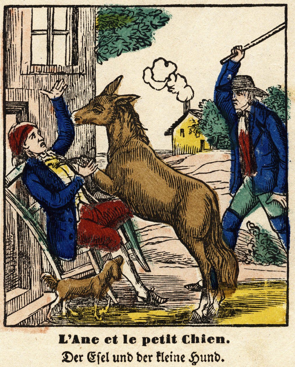 Fabeln von La Fontaine: Der Esel und der kleine Hund. Bild von Epinal, erste Hälfte des 19. Jahrhunderts. von French School
