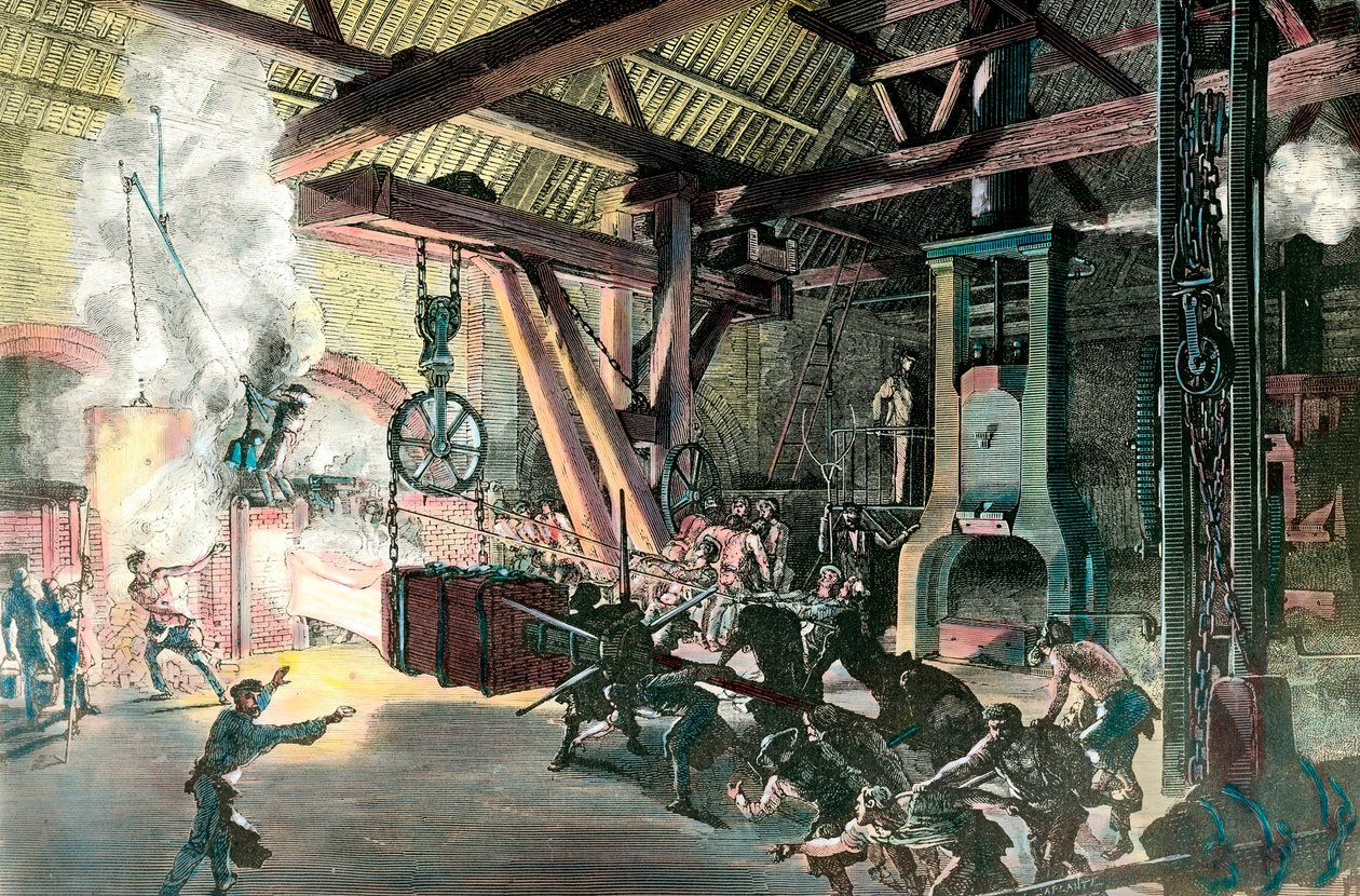 Fabrik: „Der Hämmerer der Schmieden von Le Creusot im Jahr 1865“ Gravur um 1865. Private Sammlung von French School