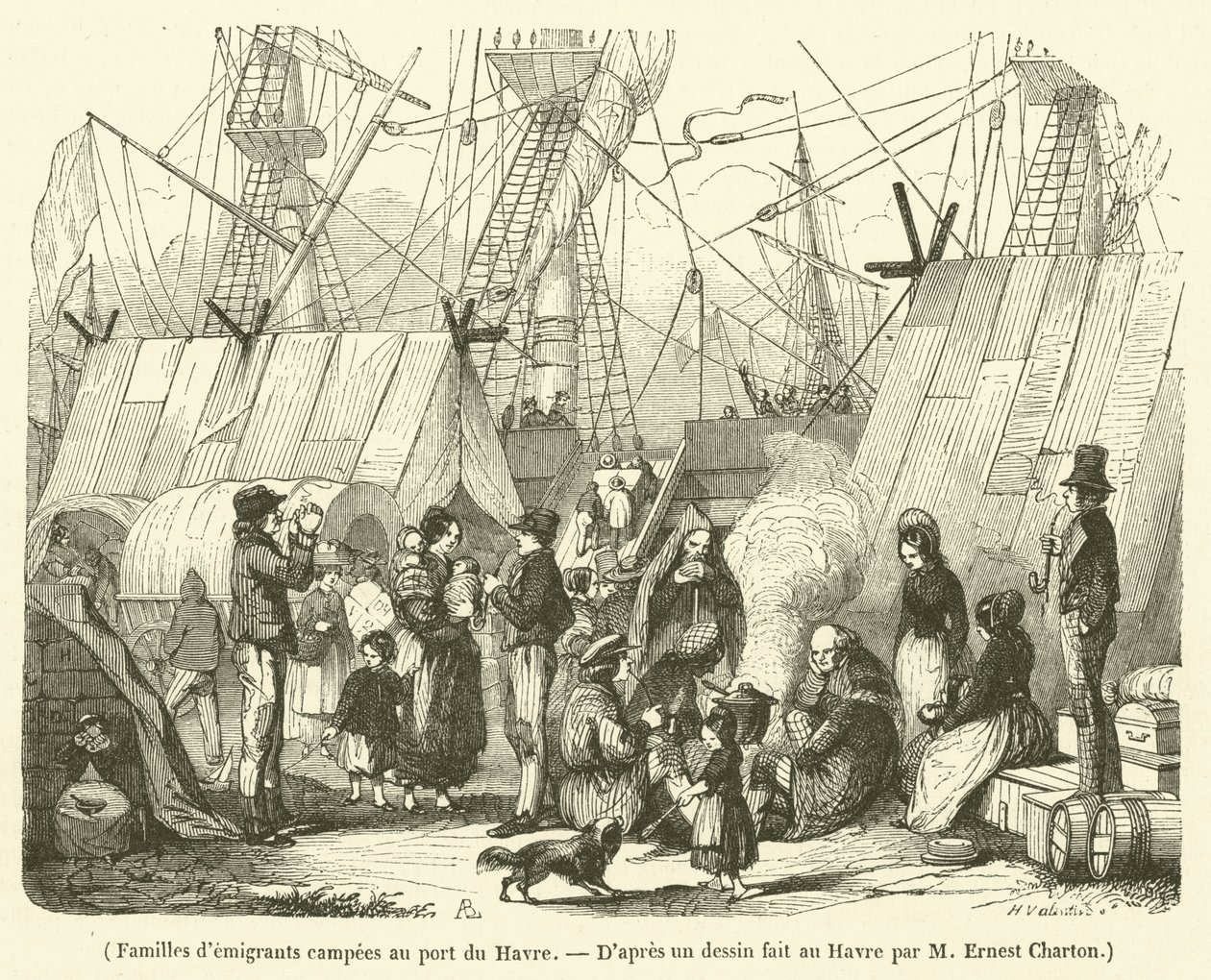 Familien von Auswanderern im Hafen von Le Havre (Gravur) von French School
