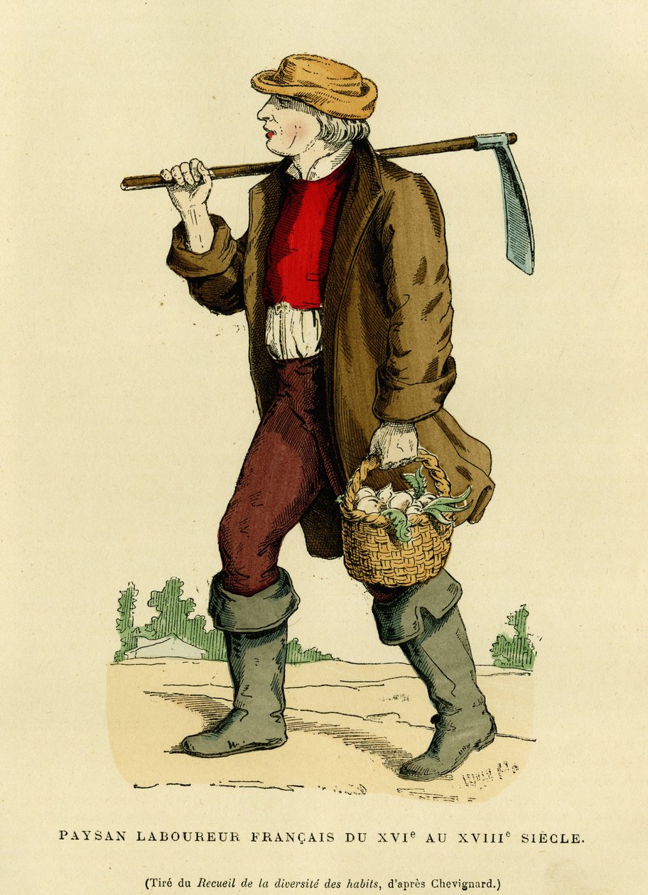 Bauerntracht aus dem 17. bis 18. Jahrhundert. Farbige Gravur nach einer Zeichnung von Chevignard, in „Frankreich und die Franzosen durch die Jahrhunderte“ von Augustin Challamel, F.Roy Herausgeber, Paris 1882. Selva Sammlung. von French School