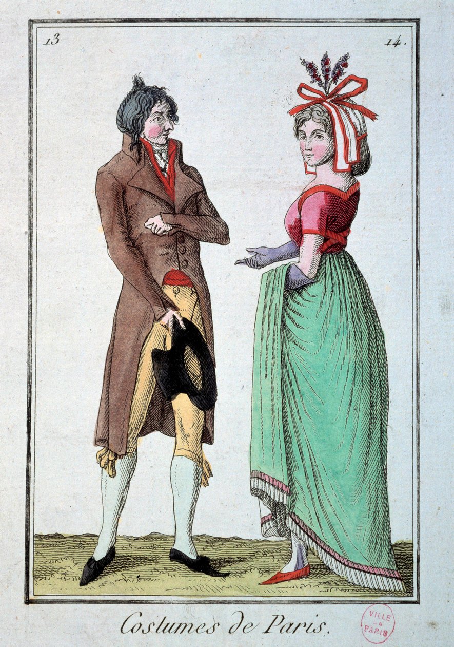 Mode unter dem Direktorium: ein elegantes Paar, die Frau trägt einen Hut im Gärtnerstil. Gravur von 1795. Paris, Kostümmuseum von French School
