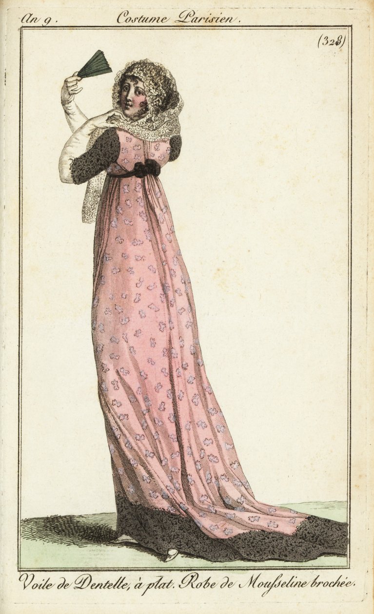 Modische Frau im Spitzen-Schleier, Damast-Musselinkleid von French School