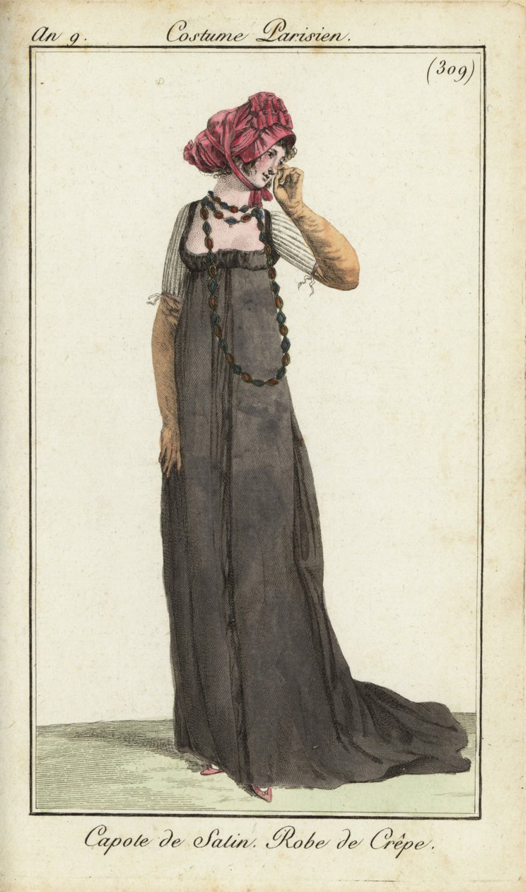 Modische Frau mit Satinbonnet und Kreppkleid von French School