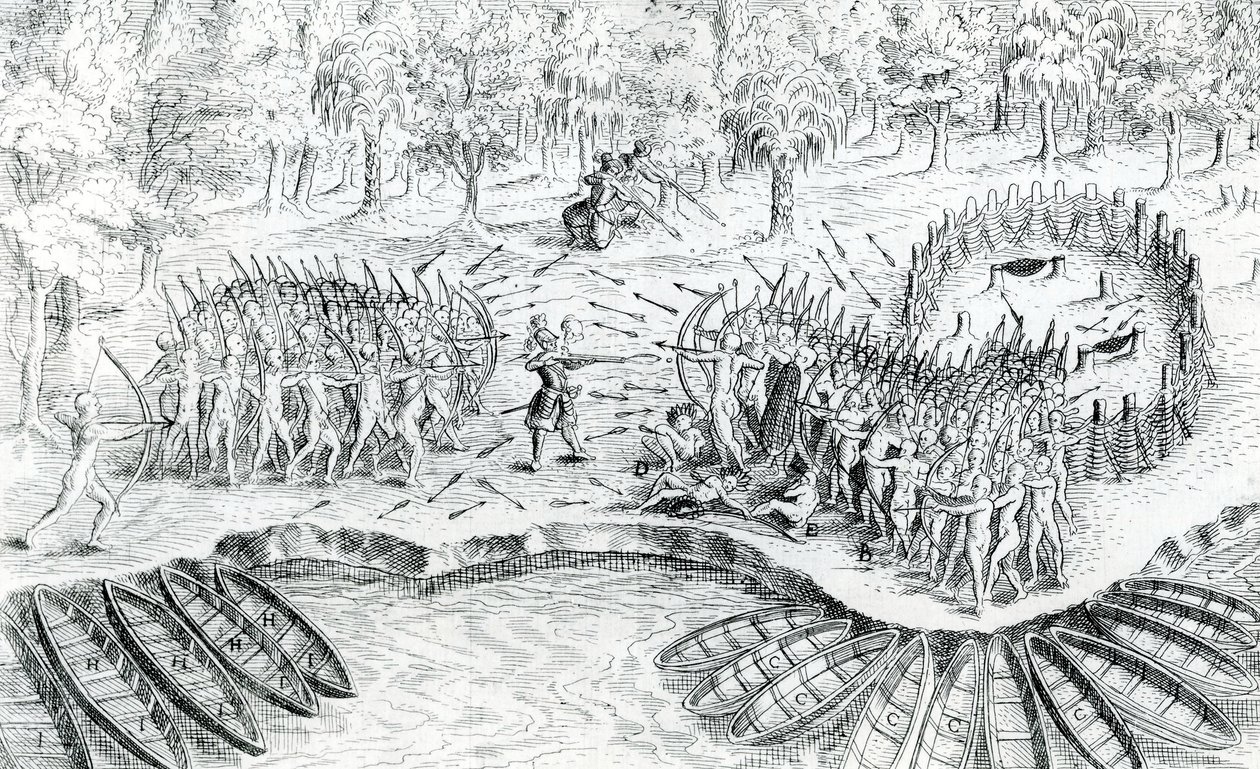 Kampf der Huronen, aus Voyage de Champlain in 1624 von Samuel de Champlain von French School