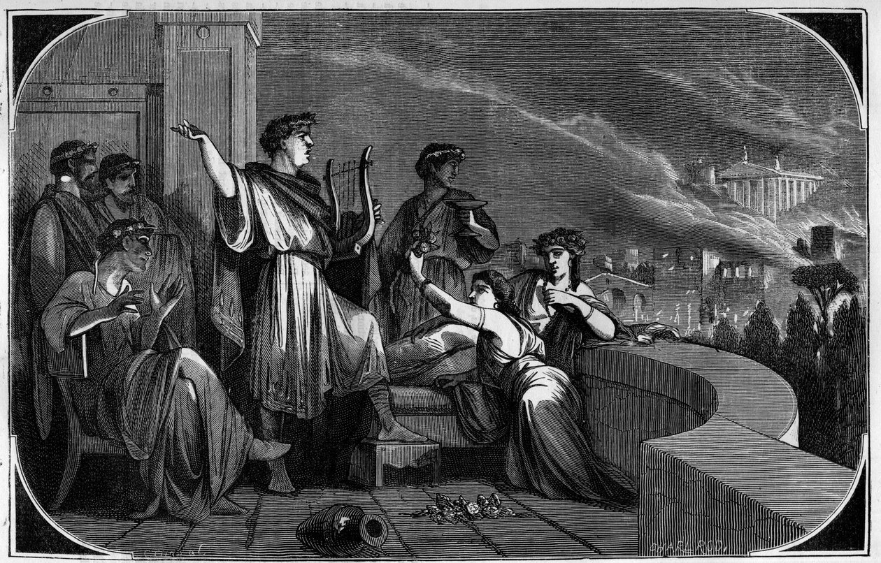 Brand von Rom durch Nero. Zwischen dem 18. und 24. Juli 64 wurde die Stadt Rom durch ein großes Feuer verwüstet, das angeblich von Kaiser Nero verursacht wurde, um die Christen zu beschuldigen und zu verfolgen. Gravur in „Histoire des Papes-Rois-Reines und von French School