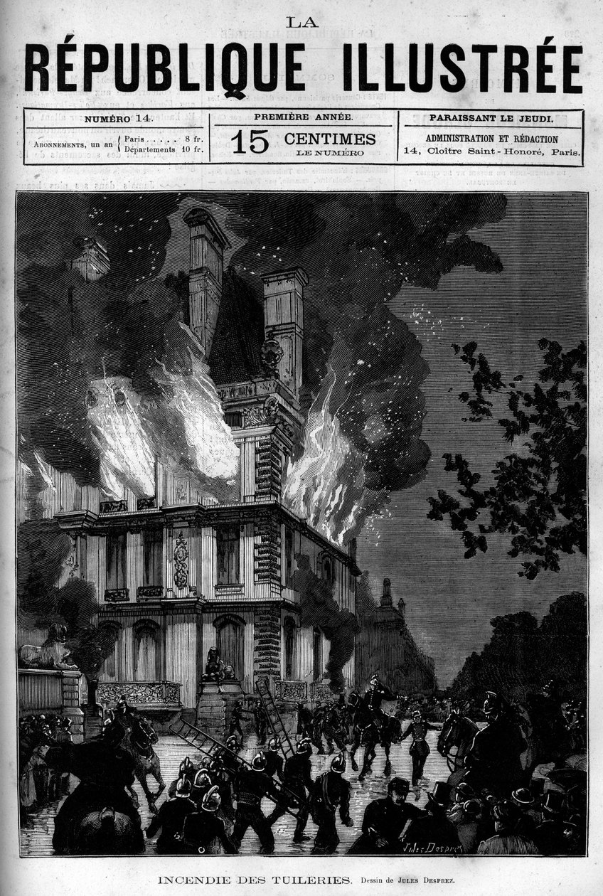 Brand des Flore-Pavillons in den Tuilerien in Paris. Eine Zeitung. Gravur von 1880 in „La république illustrée“, private Sammlung. von French School