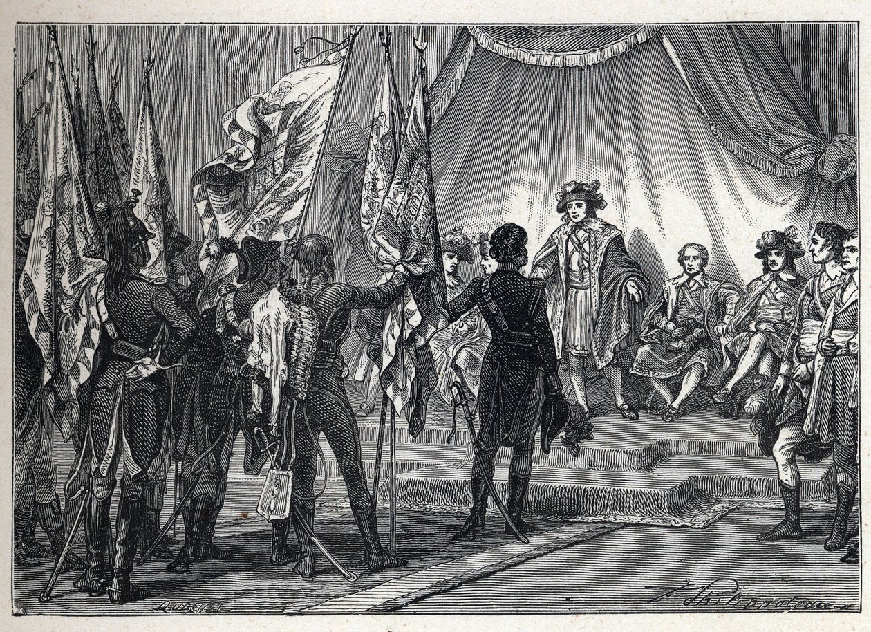 Erste Koalition: Joachim Murat (1767-1815) präsentiert dem Exekutivrat die von der französischen Armee unter dem Kommando von Napoleon Bonaparte während des Italienfeldzugs eroberten Fahnen. Gravur von 1889. Private Sammlung. von French School