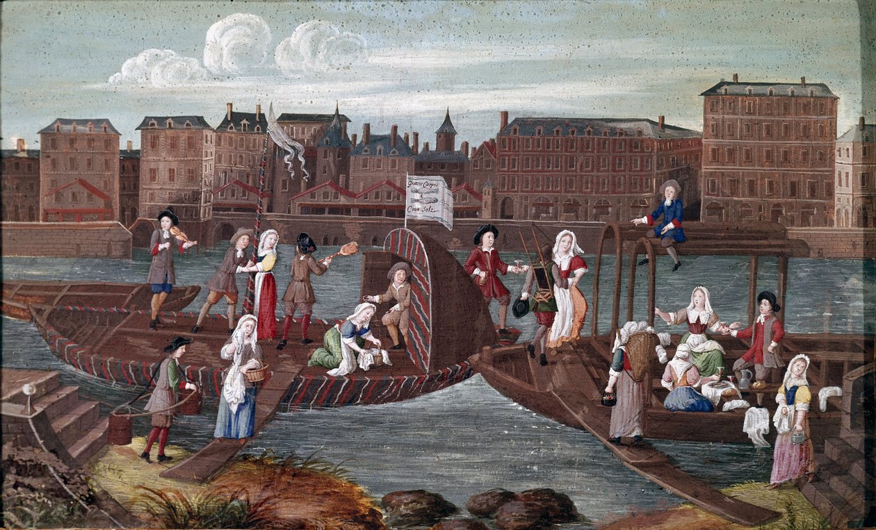 Fisch und Lavendel auf dem Rücken. Detail auf dem Rücken zeigt die Freizeit der Lavendelbäume beim Essen, Plaudern mit anderen Handwerkern (Wasserträger, Schuhputzer) und Tanzen auf einem Boot in der Seine. Gemälde der französischen Schule des 17. Jahrhund von French School