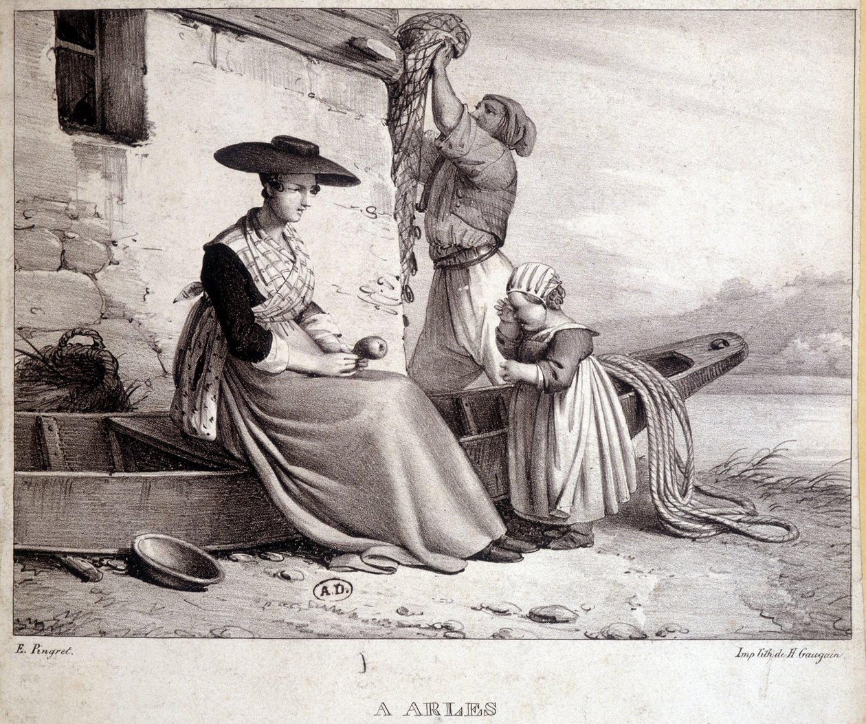 Fischer, seine Frau in regionaler Tracht und ihr Kind in Arles von French School