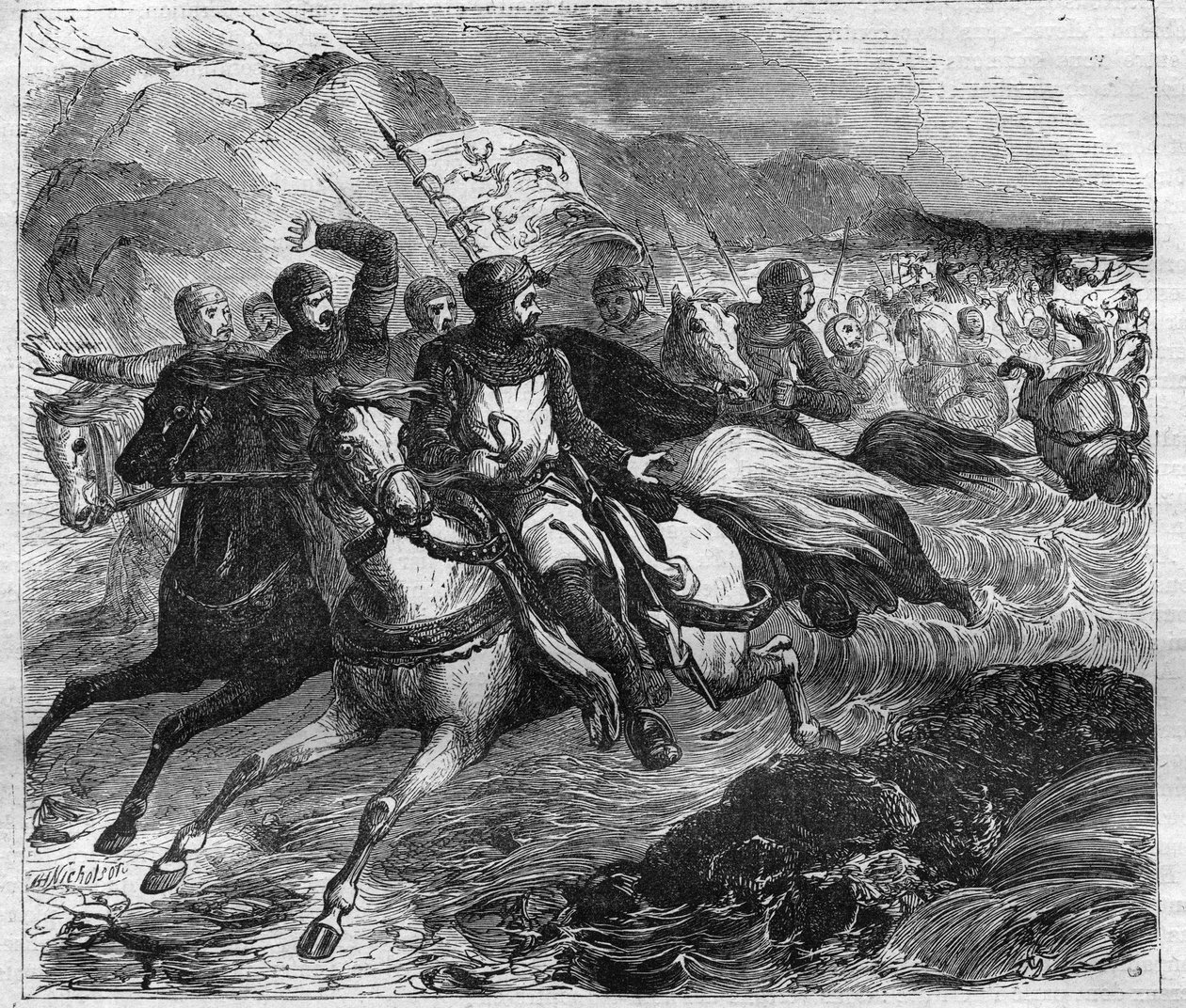 Flucht von Kaiser Heinrich IV. (1050-1106) in Oppenheim, verfolgt von Papst Gregor VII. Gravur in „Histoire des Papes-Rois-Reines und Kaiser durch die Jahrhunderte“ von Maurice Lachatre von French School