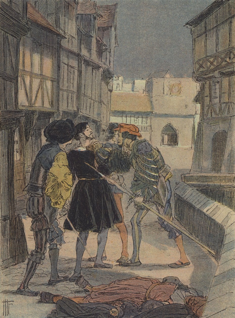 Florentiner Goldschmied und Bildhauer Benvenuto Cellini, umgeben und bedroht von einer Gruppe von Männern (Farblithografie) von French School