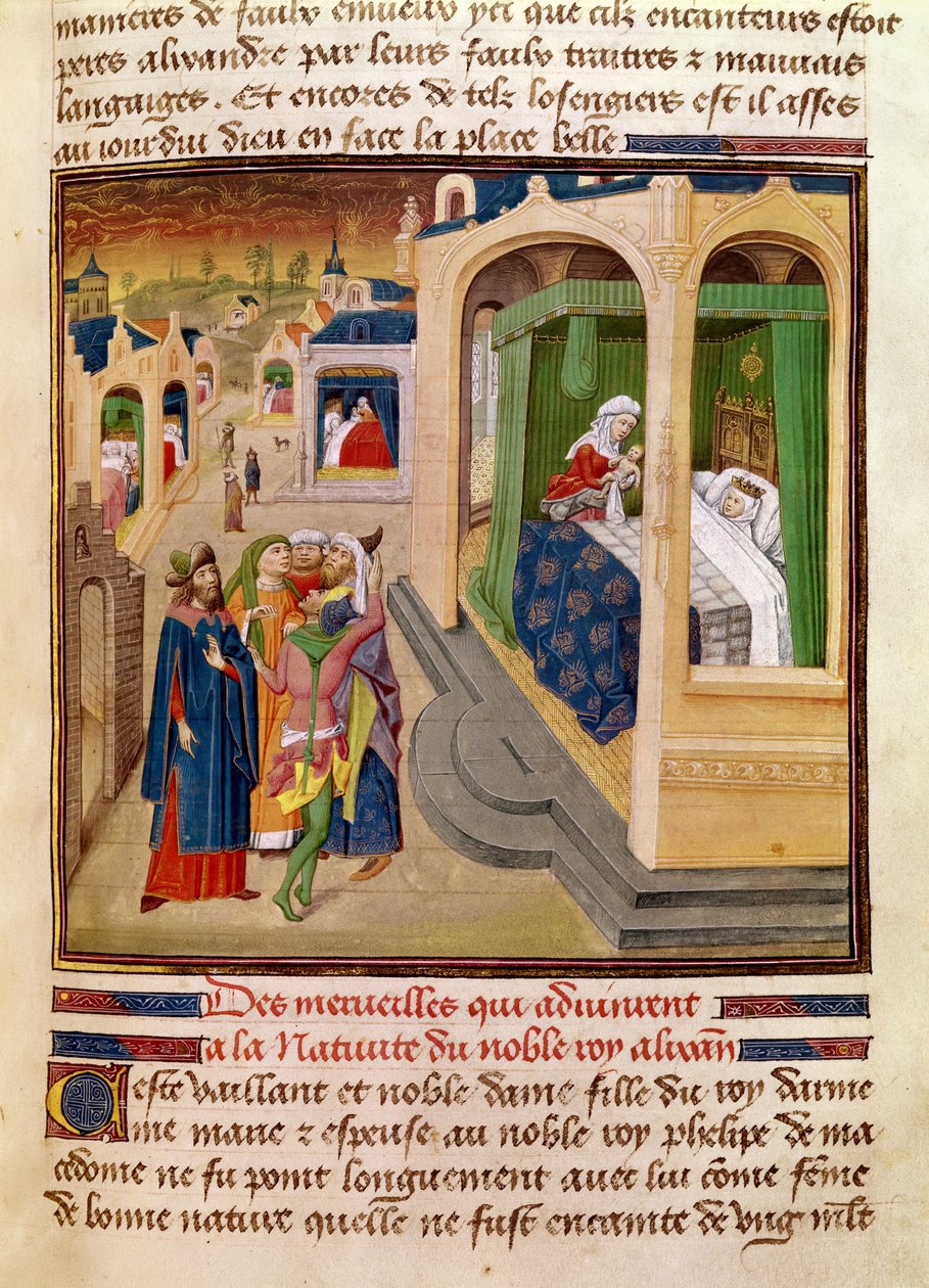 Die Wunder bei der Geburt Alexanders des Großen (356-323 v. Chr.), Illustration aus einem Buch von Jean Wauquelin, aus der Histoire du Grand Alexandre 1460 von French School