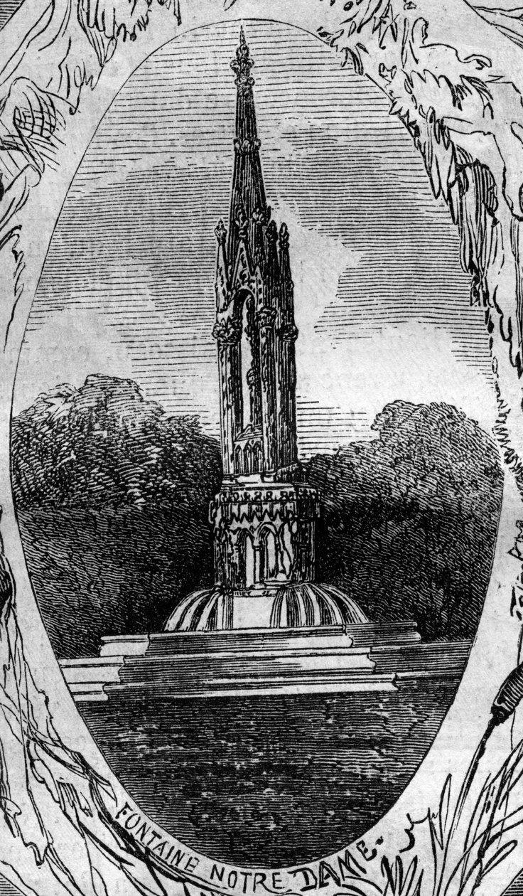 Brunnen von Paris: Ansicht des Brunnens der Jungfrau (Notre Dame Brunnen) (um 1845). Gravur in „Le Monde Illustré“ Nr. 254 vom 22. Februar von French School