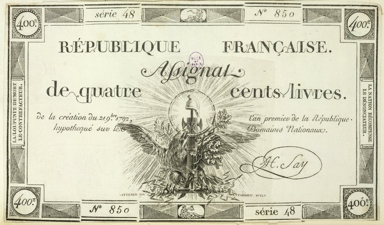 Vierhundert-Livre-Banknote, 21. September 1792 von French School