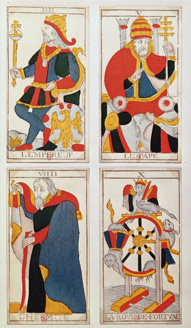 Vier Tarotkarten, die Der Kaiser, Der Papst, Der Einsiedler und Das Rad des Schicksals darstellen (farbiger Holzstich) von French School
