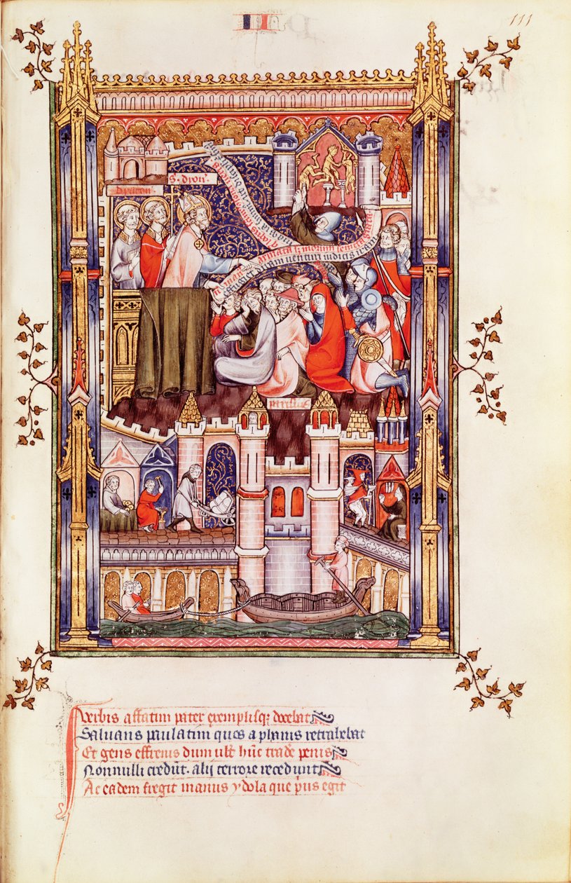 St. Denis predigt den Parisern, die ihre heidnischen Idole zerbrechen, aus Vie de St. Denis, 1317 von French School