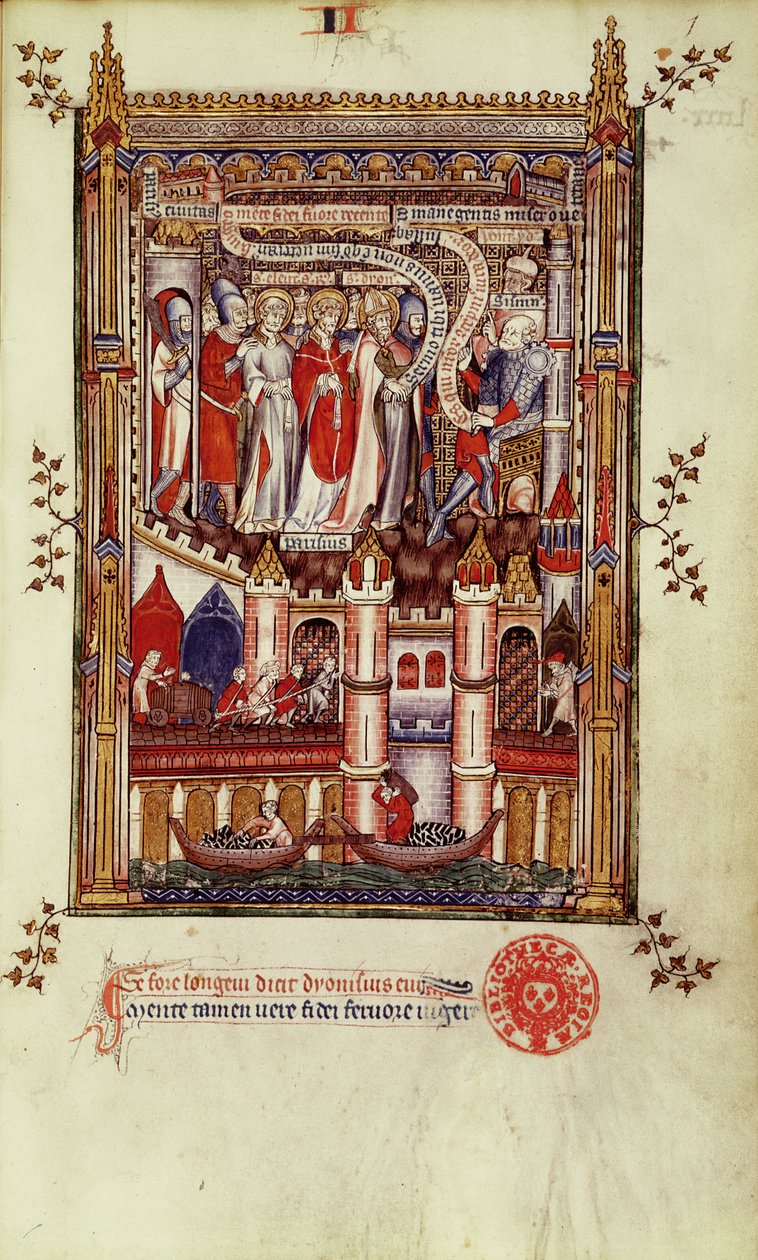 Das erste Verhör von St. Denis und seinen Gefährten durch Sisinnius, aus Vie de St. Denis, 1317 von French School