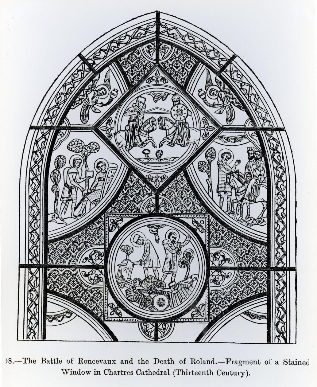 Fragment eines Buntglasfensters in der Kathedrale von Chartres, das die Schlacht von Roncevaux und den Tod von Roland darstellt, Illustration aus Wissenschaft und Literatur im Mittelalter und der Renaissance von French School