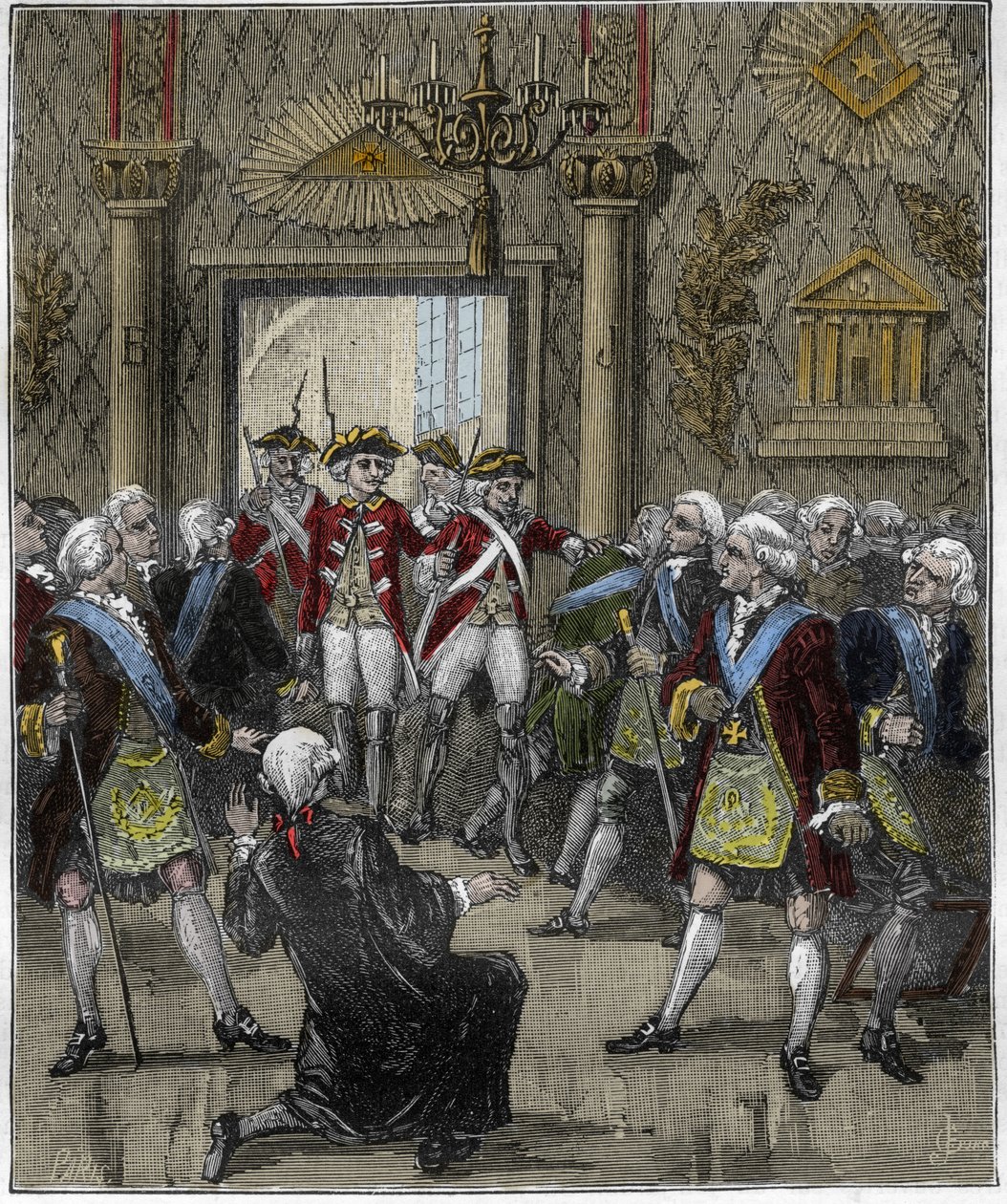 Freimaurerei im Hotel de Soisson in Paris im Juni 1745: Freimaurerzeremonie unterbrochen durch das Eintreffen eines Polizeikommissars. Gravur in „Paris a travers les siècles“, Gourdon de Genouillac 1880. von French School