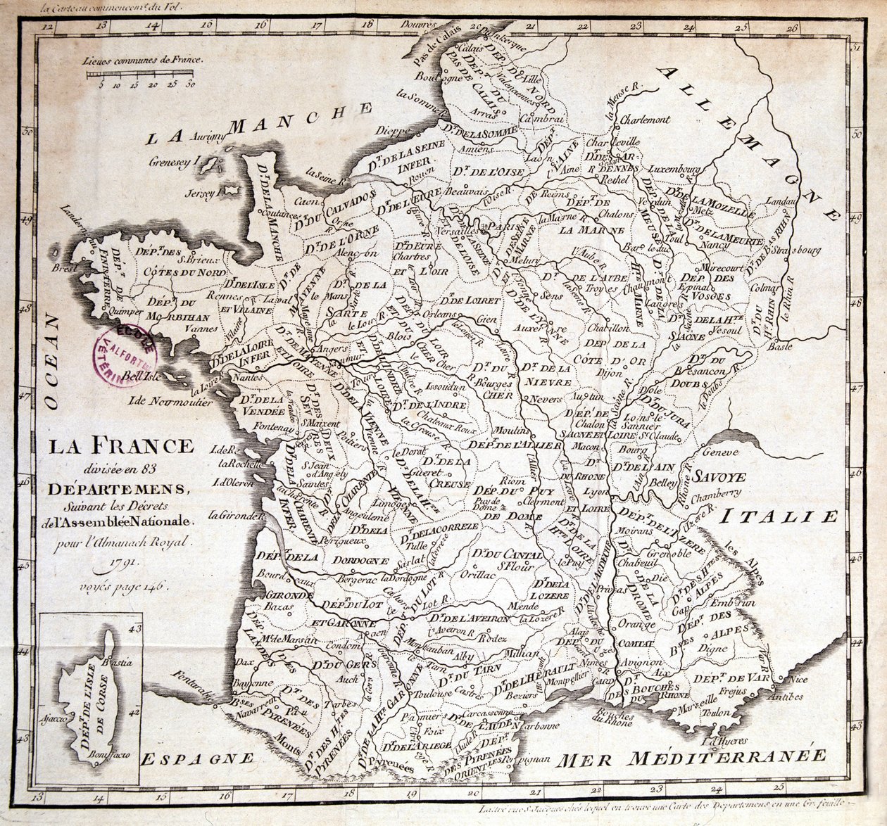 Frankreich in 83 Departements unterteilt nach den Dekreten der Nationalversammlung von 1791 von French School