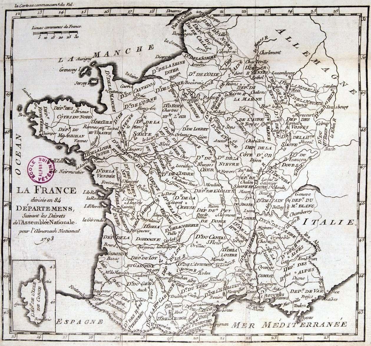 Frankreich in 84 Departements unterteilt nach den Dekreten der Nationalversammlung von 1793 von French School