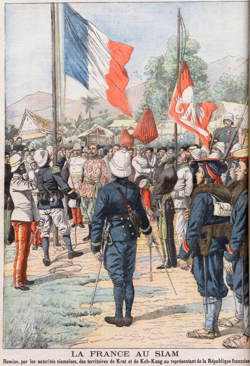 Frankreich übernimmt die Gebiete von Krat und Koh-Kong, Siam nach dem Vertrag von 1904 zwischen den Siamesen und den Franzosen, Illustration aus 
