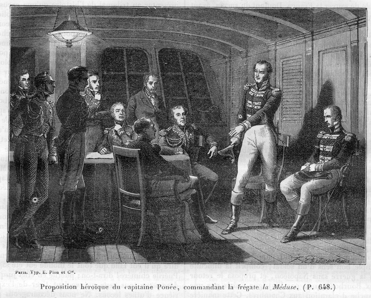 Francois Ponee II (1775-1863), der Kommandant der La Meduse, napoleonischer Getreuer, bietet dem Kaiser an, allein gegen Le Bellerophon zu kämpfen - in „Geschichte des Reiches nach der Geschichte des Konsulats“ von Adolphe Thiers -1879 - private Sammlung von French School
