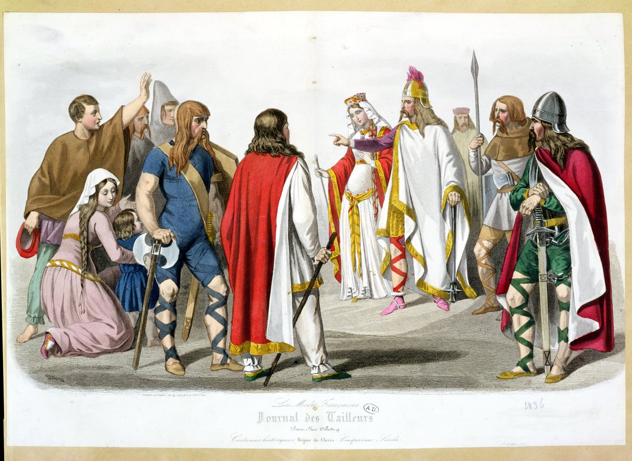 Fränkische und merowingische Kostüme, historische Modeplatte aus Les Modes Francaises - Journal des Tailleurs, 1836 von French School