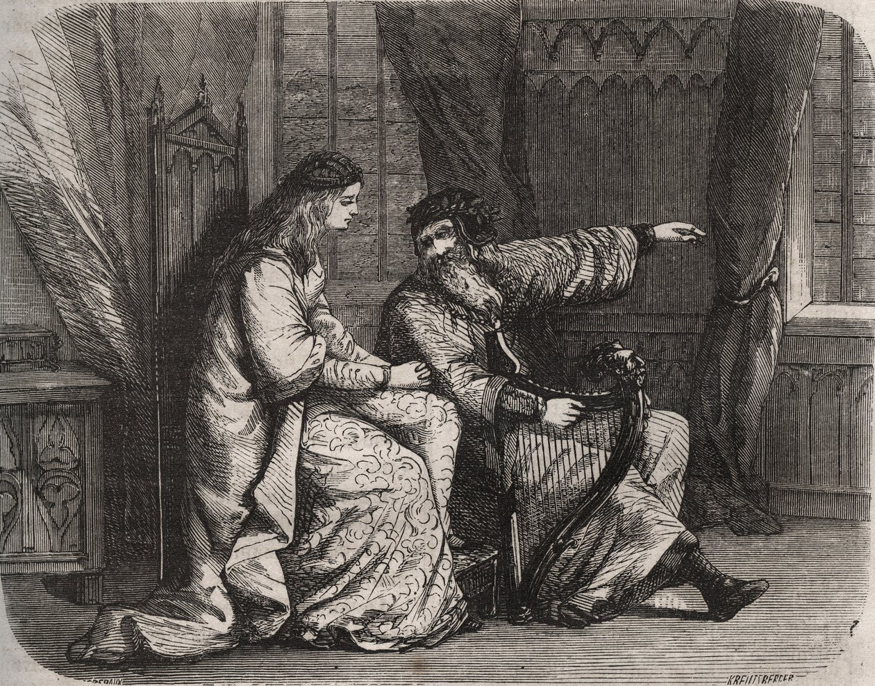 Fredegonde (545-597) vertraut dem Harfenspieler Barbantini ihre Sorgen an, weil ihr Liebhaber Chilperic (dann König der Franken Chilperic I. (543-597)) sie nicht heiratete. 565. Gravur von 1871 in „Histoire Des Cocuses Celebres“ von Henry de Kock von French School