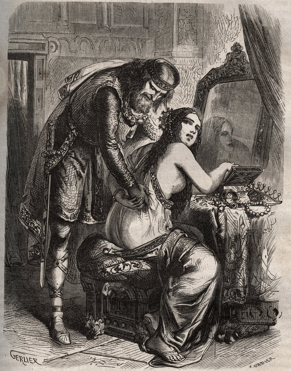 Fredegonde (545-597) nimmt ihren Ehemann, König der Franken Chilperic I. (543-597), für ihren Liebhaber, Landeric. Der König entdeckt, dass seine Frau ihn betrügt. Gravur von 1871 in „Histoire Des Cocuses Celebres“ von Henry de Kock (1819-1892) von French School