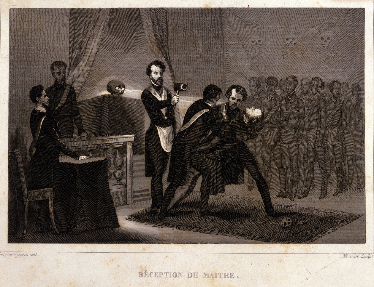Freimaurerei: Empfangs- und Initiationsritus des Meisters. Gravur aus „Picturesque Histoire de la Franc Maçonnerie et des Sociétés Secrètes antique et modernes“ von F.-T. B. Clavel. Pagnerre, Herausgeber. 1843. von French School