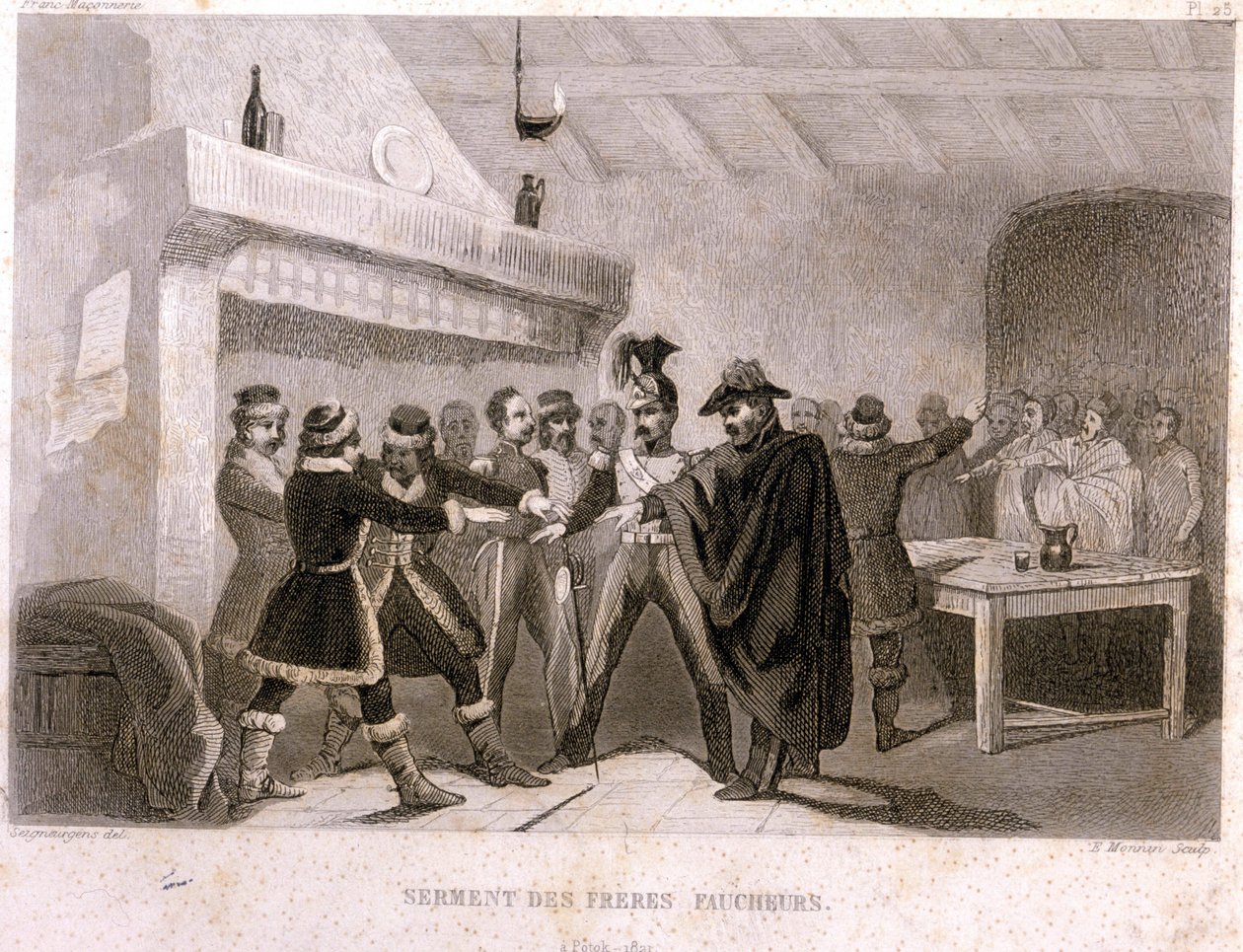Freimaurerei: der Eid der Brüder Schnitter in Potok im Jahr 1821. Stich aus „Bildergeschichte der Freimaurerei und der antiken und modernen Geheimgesellschaften“ von F.-T. B. Clavel. Pagnerre, Herausgeber. 1843. von French School