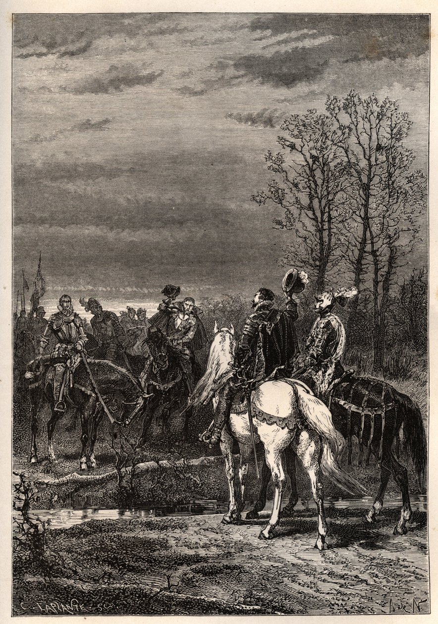 Französische Religionskriege - Oktober 1569 Religionskrieg - Die Gespräche vor der Schlacht von Moncontour (Henri, Herzog von Anjou, zukünftiger Heinrich III. und Gaspard II. von Coligny - Die Schlacht von Moncontour (Oktober 1569) - Gravur aus „Die Geschi von French School