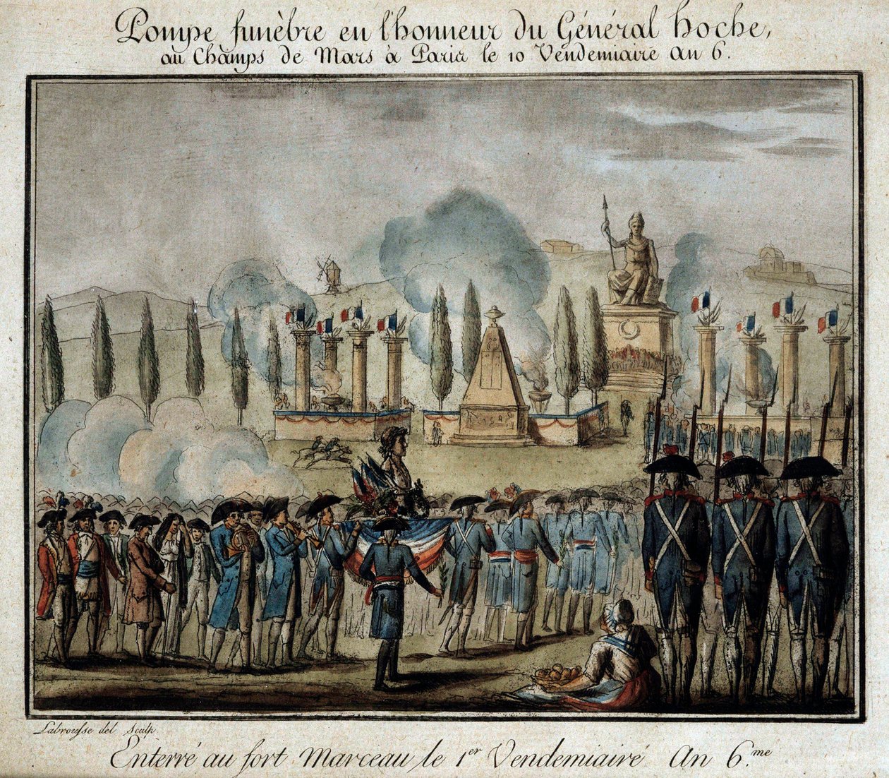 Französische Revolution: Zeremonie der Trauerfeier zu Ehren von General Lazare Hoche (1768-1797) auf dem Marsfeld in Paris am 10. Fructidor Jahr 6. Gravur von 1797. Versailles, Lambinet-Museum von French School