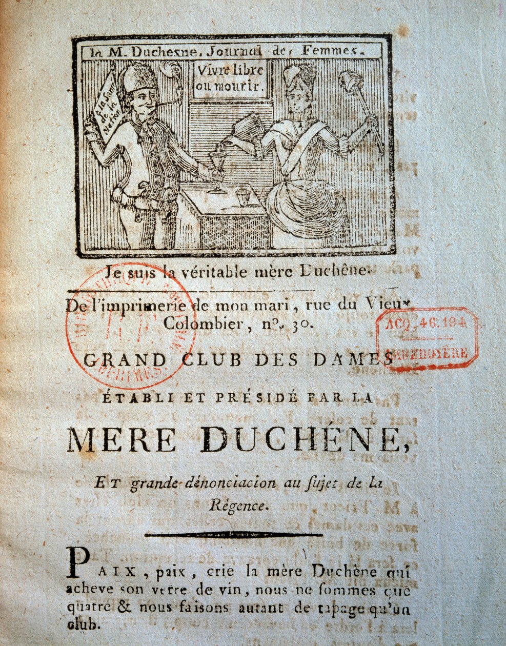 Französische Revolution: Eines der Frauentagebücher von La mère Duchene: „Grand club des femmes, gegründet und präsidiert von der Mere Duchene, und große Denunziation über die Regentschaft.“ 1790 Paris, B.N. von French School