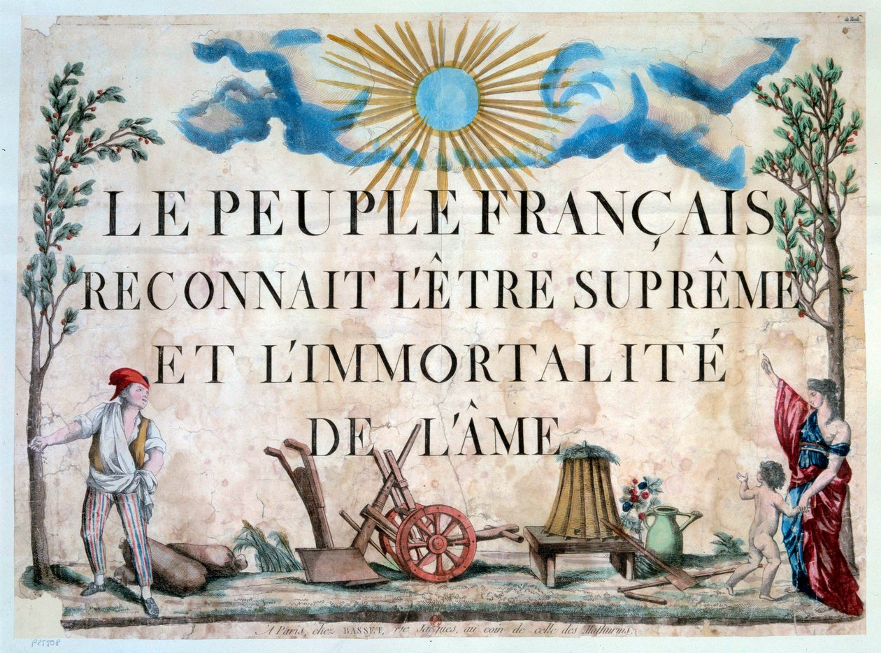 Die Französische Revolution: „Das französische Volk erkennt das höchste Wesen und die Unsterblichkeit der Seele an.“ Ein Sansculotte, ein Freiheitsbaum, landwirtschaftliche Werkzeuge. 1794. Paris. Bibliothek des Arsenal von French School