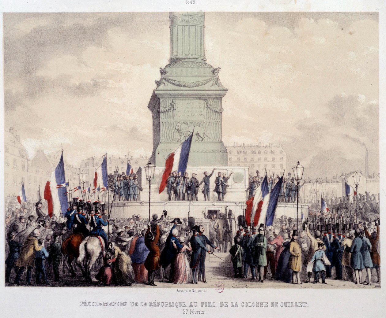 Französische Revolution von 1848: Proklamation der Zweiten Republik am Fuße der Julisäule auf dem Place de la Bastille am 25.02.1848. Lithographie des 19. Jahrhunderts. Paris, Musee Carnavalet von French School