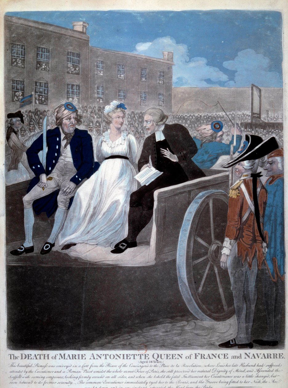Französische Revolution: Die Königin von Frankreich Marie Antoinette (1755-1793) wird zur Guillotine gebracht. Gravur von 1793. Paris, Bibliothek des Arsenal von French School