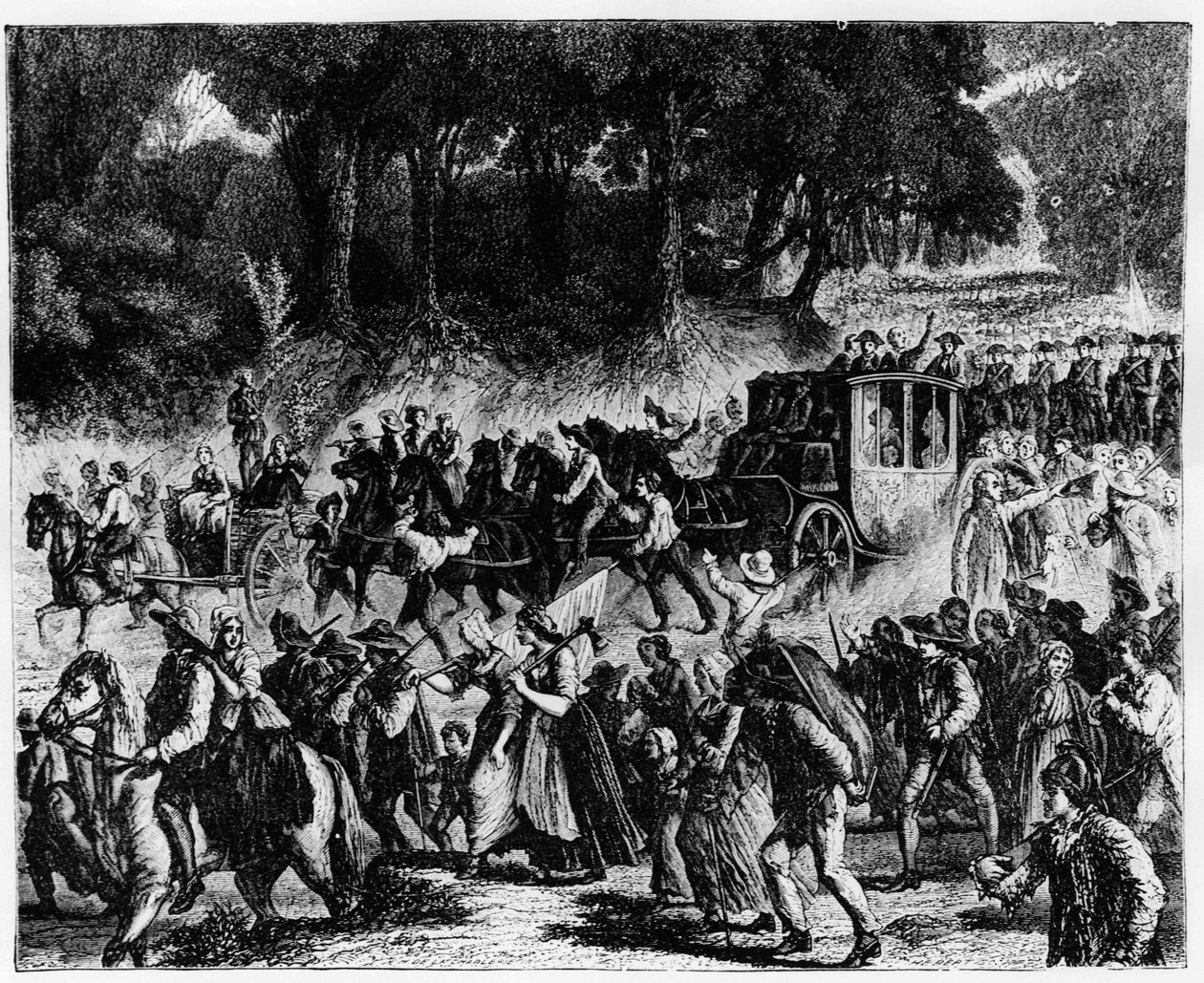 Französische Revolution: die Ankunft der königlichen Familie (Louis XVI und Marie Antoinette) in Paris, 5. Oktober 1789 - Gravur von French School