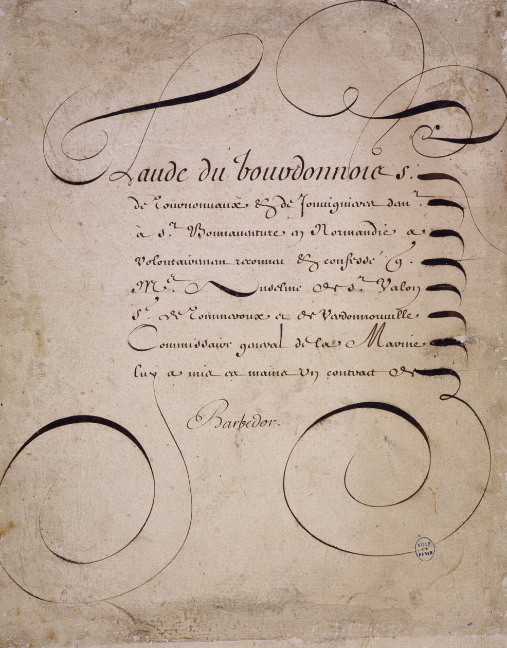 Französische Kalligraphie: Brief der Rechnungskammer von Louis Barbedor um 1640. von French School