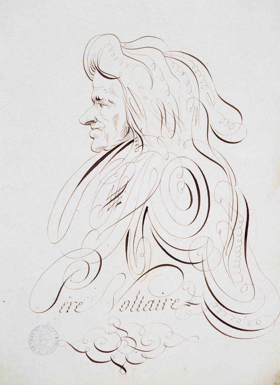 Französische Kalligraphie: Porträt von Vater Voltaire von Bernard de Paris um 1780. Historische Bibliothek der Stadt Paris von French School