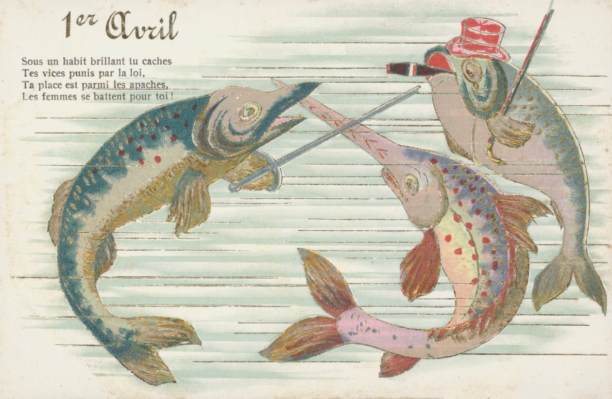 Französische Karte mit Fischen zum Aprilscherz (Poisson d