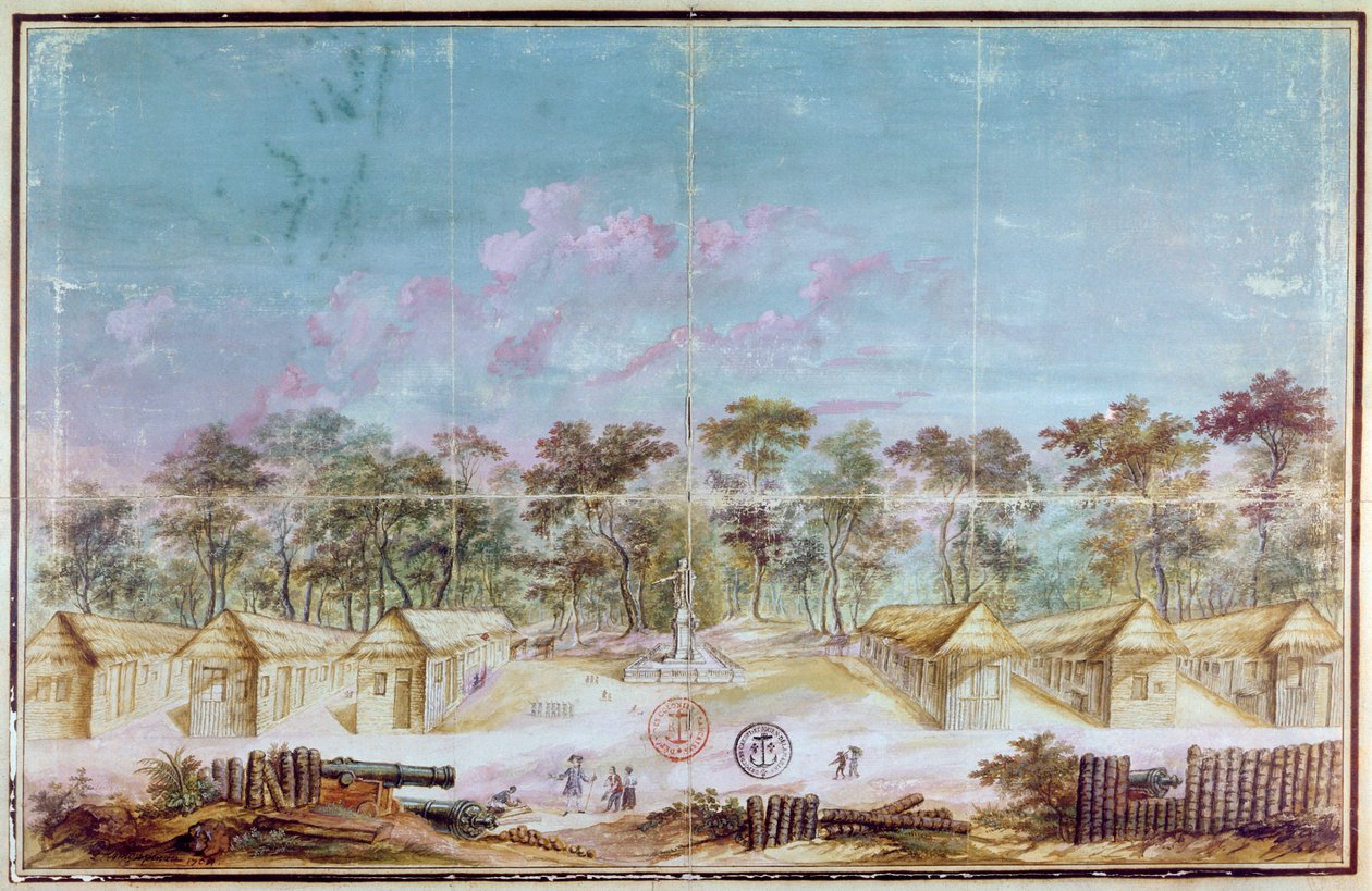 Französische Kolonisten siedeln sich 1763 am Strand von Kourou, Guyana an von French School