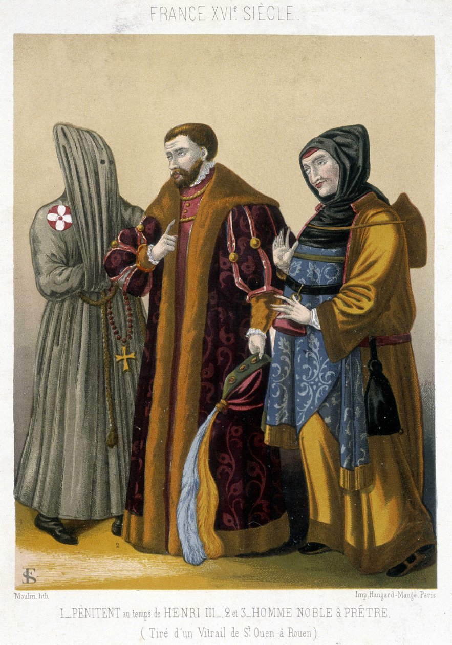 Französische Kostüme im 16. Jahrhundert: Links ein Büßer, in der Mitte ein Adliger und rechts ein Priester. Illustration des 19. Jahrhunderts aus Saint Ouen in Rouen. von French School