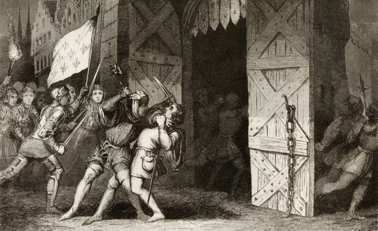 Französische Ritter greifen eine von Engländern gehaltene Stadt während des Hundertjährigen Krieges an, aus 