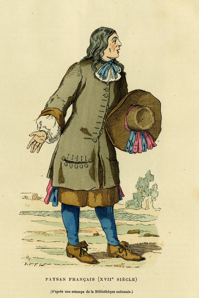 Französisches Bauernkostüm im 18. Jahrhundert. Farbgravur nach einem Druck der Nationalbibliothek, in „Frankreich und die Franzosen durch die Jahrhunderte“ von Augustin Challamel, F. Roy Herausgeber, Paris 1882. Sammlung Selva. von French School